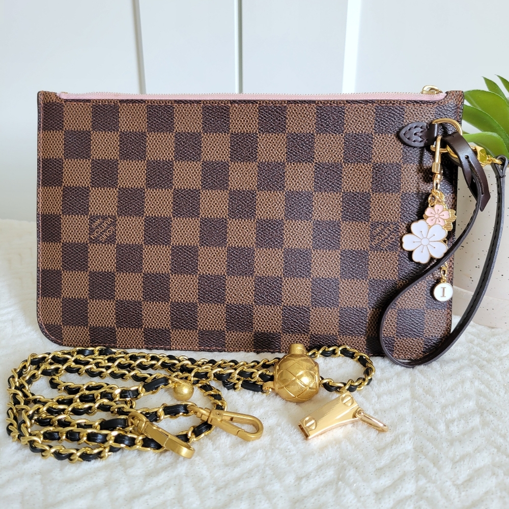 Louis Vuitton Brown Damier Pochette with Pink Trim. CHAIN & CHARM NOT INCLUDED